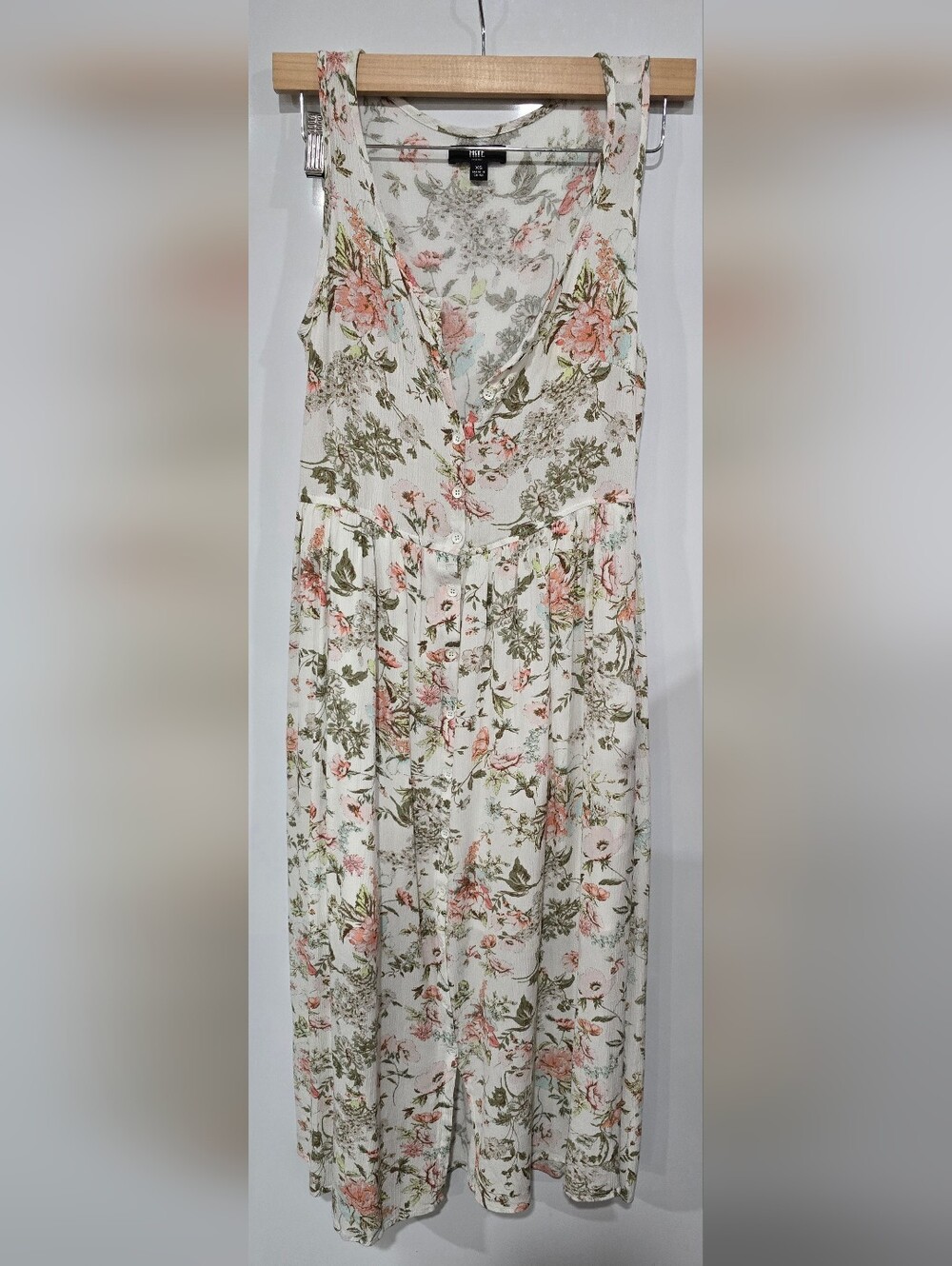 Frye Boho Floral Sleeveless Button Front Midi Tank Dress Pockets Cream XS